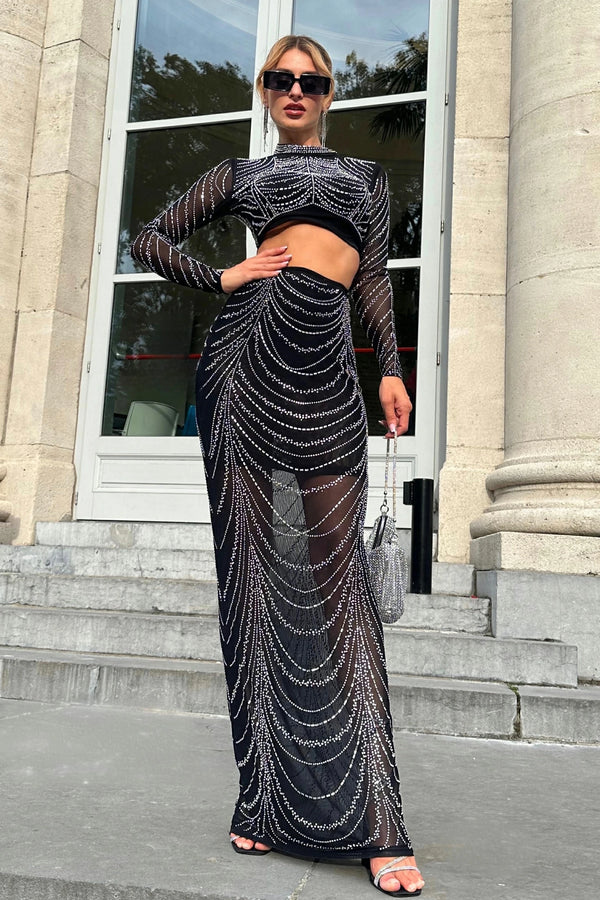Brixten Crystal Mesh Chain Dress Set in Black
