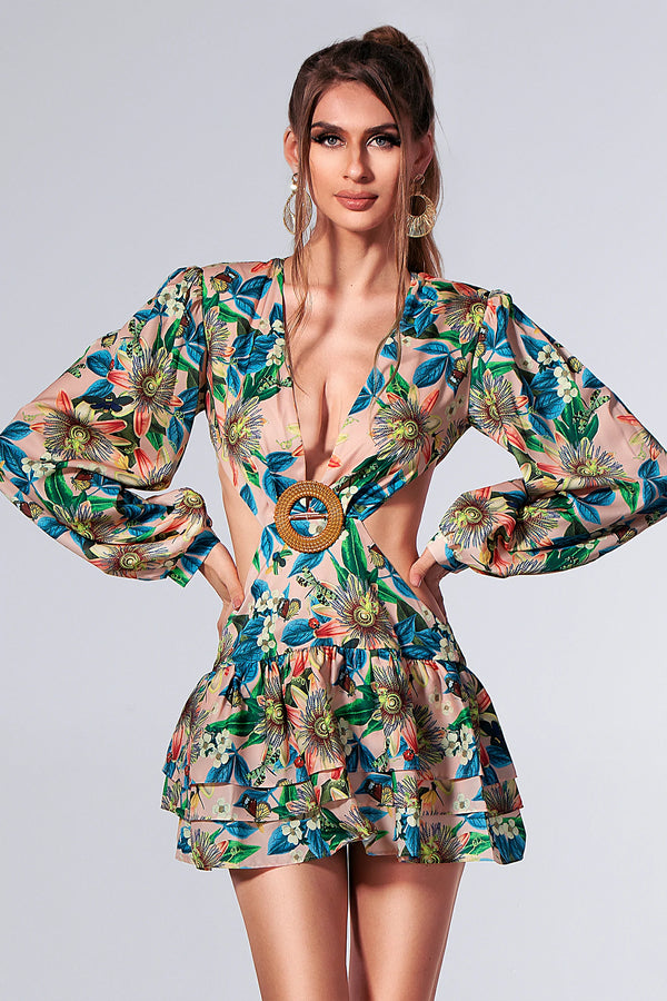 Ersa Long Sleeve Floral Cutout Bubble Dress