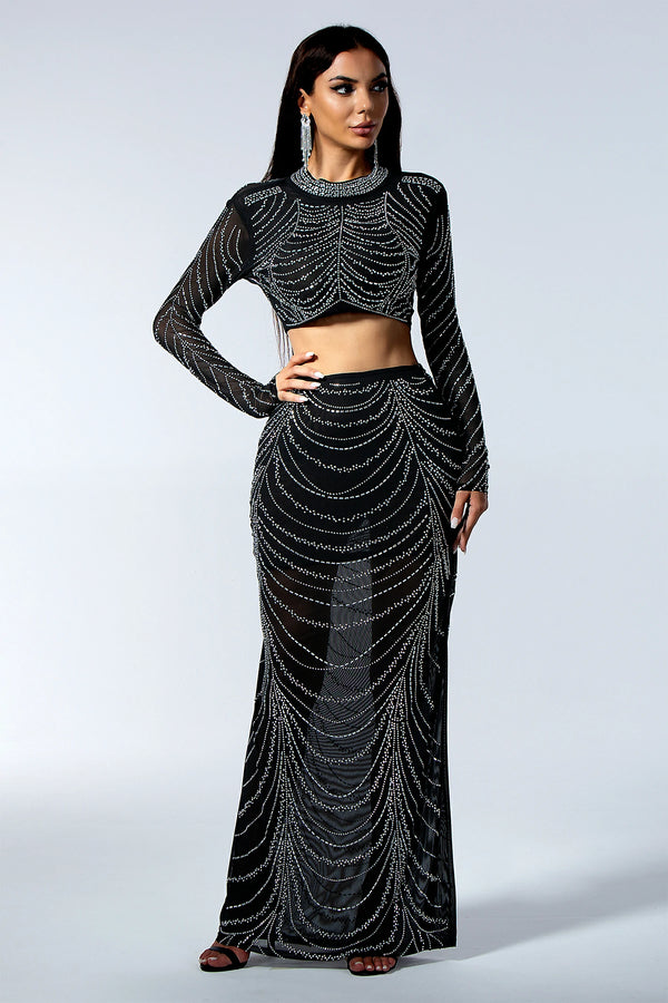 Alexandria Crystal Mesh Chain Dress Set in Black