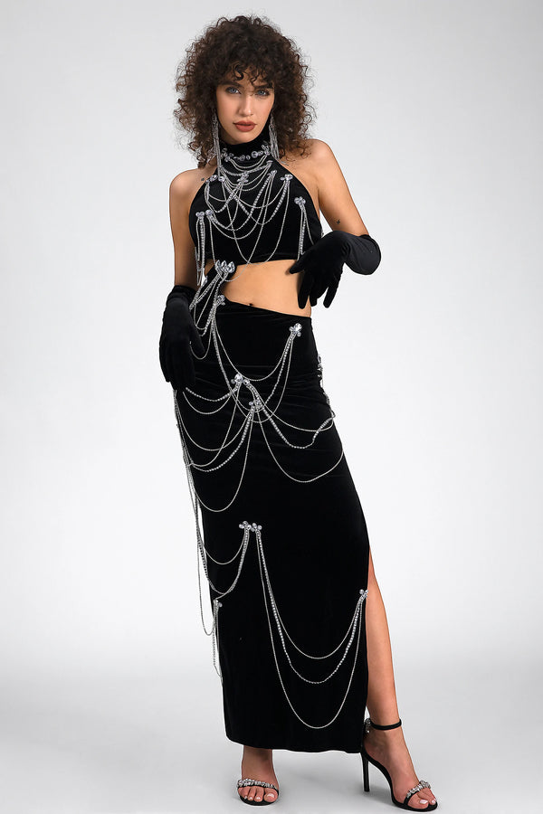 Pre-Sale Valerina Halter Velvet Chain Dress With Gloves