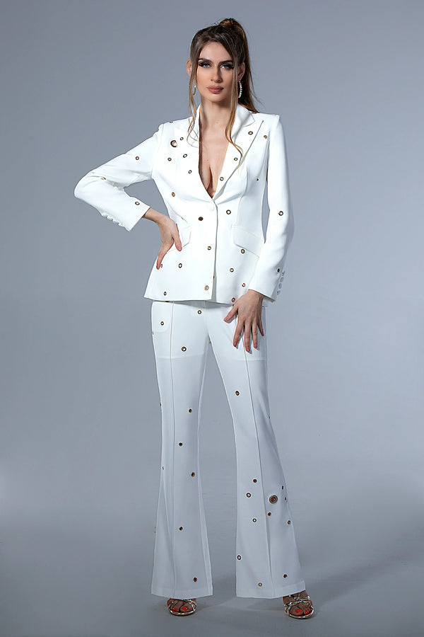 Clelia Stud Single Button Blazer Set in White