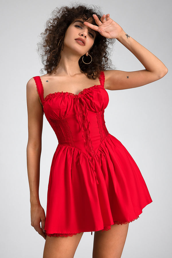 Rozelle Strap Woven Mini Dress In Red