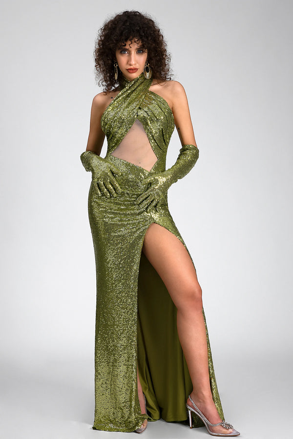 Prisca Sequin Halterneck Dress With With Gloves