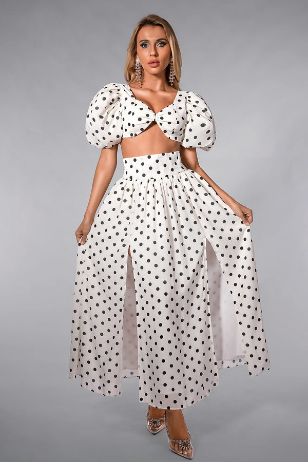 Olinda Polka Dot Mini Top with High Slit Skirt Set
