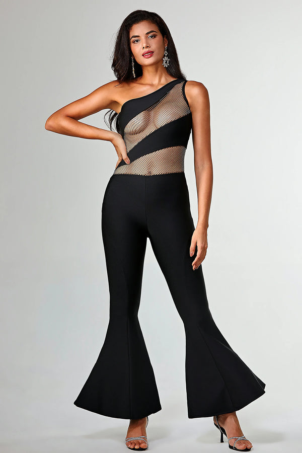Melany Mesh Sequin Flare Jumpsuits in Black