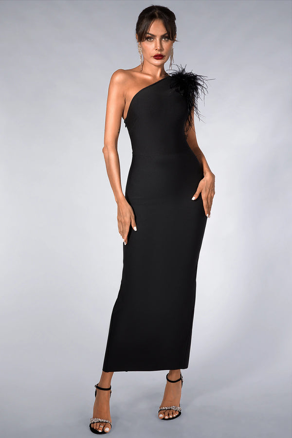 Casandra Feather One Shoulder Black Dress