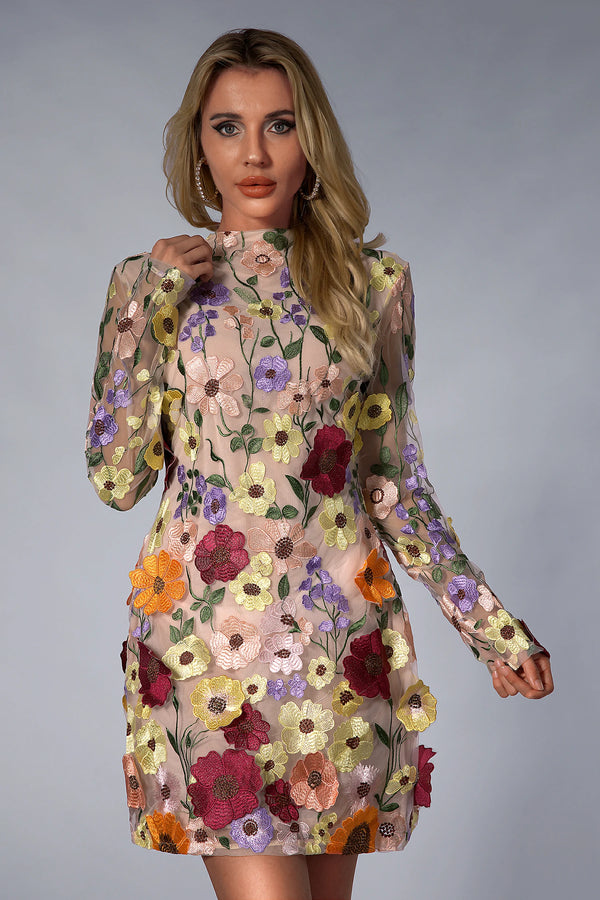 Ferne 3D Floral Long Sleeve Mini Dress