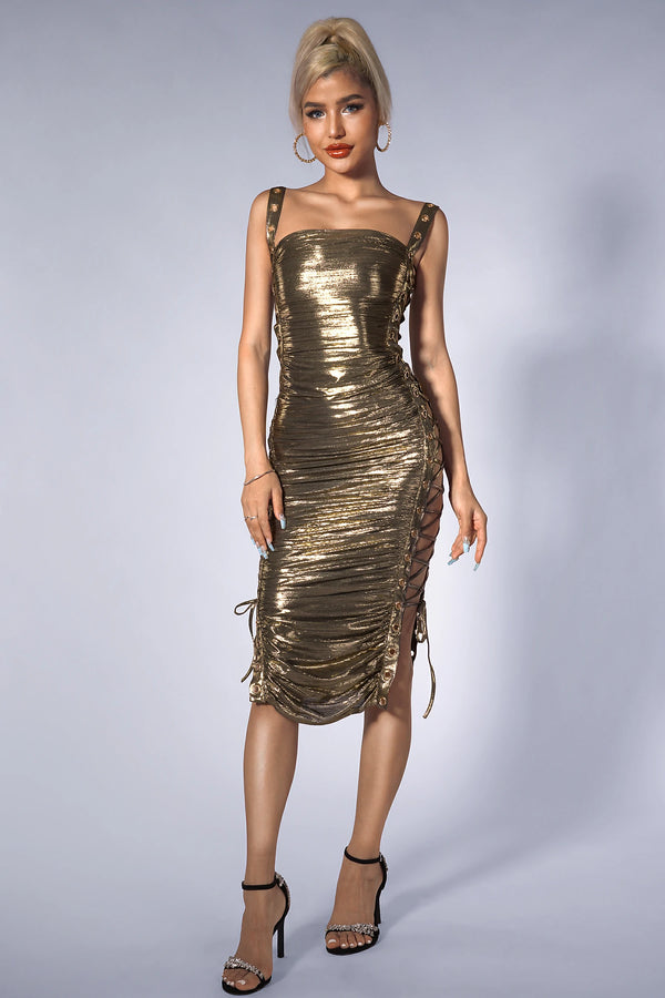 Brinklyn Pleat Tie Up Gold Dress