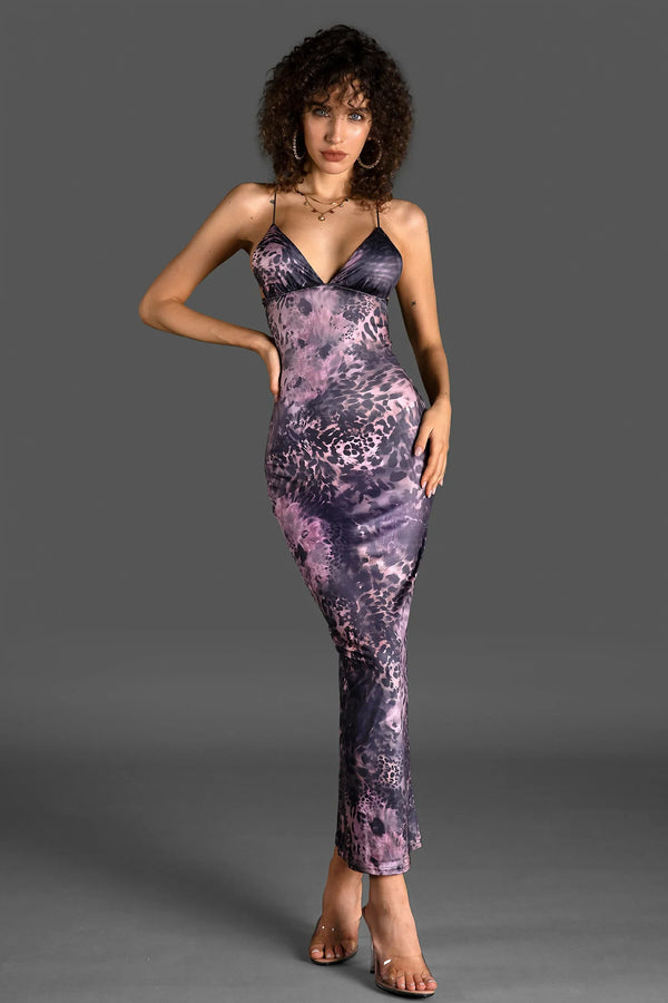 Vella Spaghetti Leopard Print Backless Dress In Purple