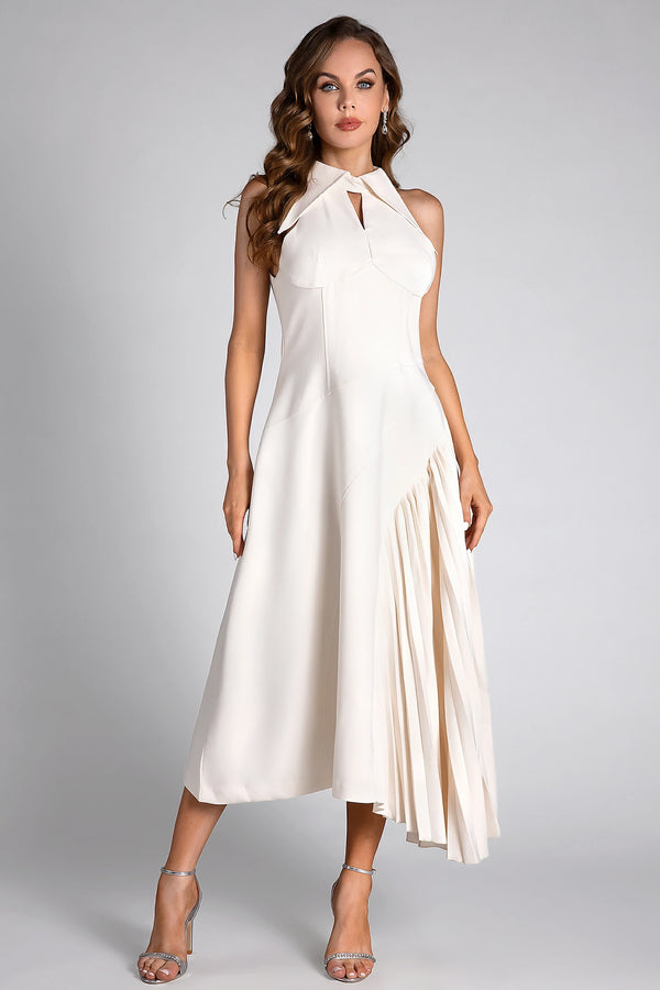 Debby White Halter Neck Pleated Semi Formal Dress