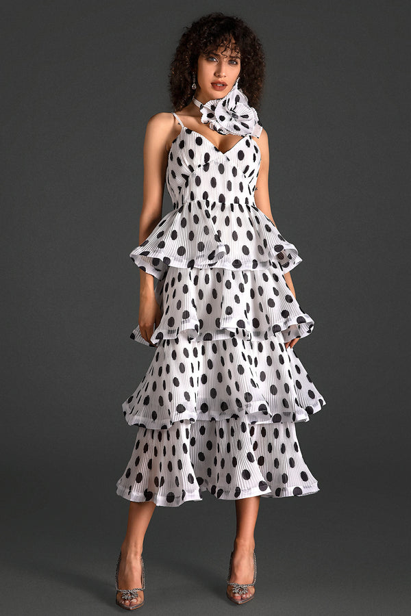 Elwin Spaghetti Polka Dot Ruffle Dress