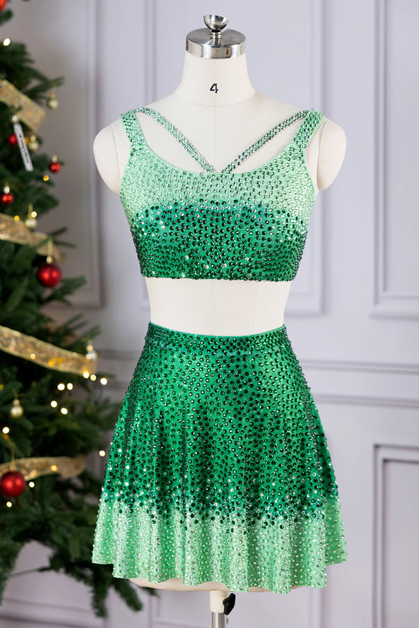 Subira Green Rhinestone 3 Piece Skirt Set