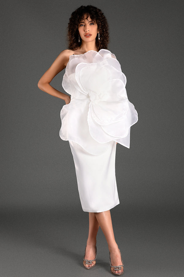 Mustelis One Shoulder 3D Floral Midi Dress