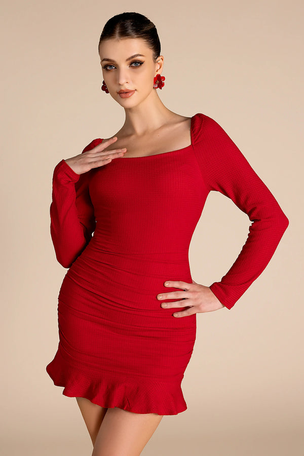 Pipui Long Sleeve Ruched Ruffle Dress