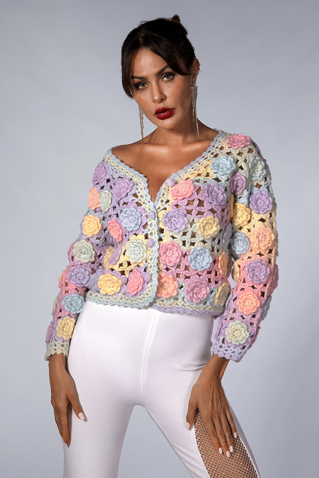 Pink Floral Crochet Sweater Artistry and Warmth in Every Stitch Acmefun