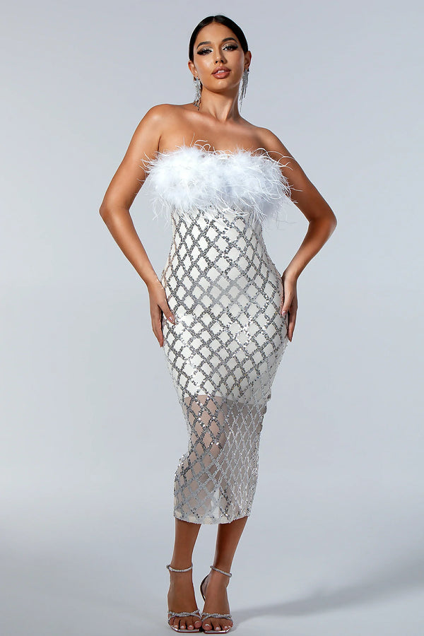 Alekos Strapless Sequin Feather Dress