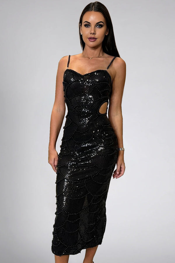 Ifigeneia Pearl Sequin Cut Out Midi Dress