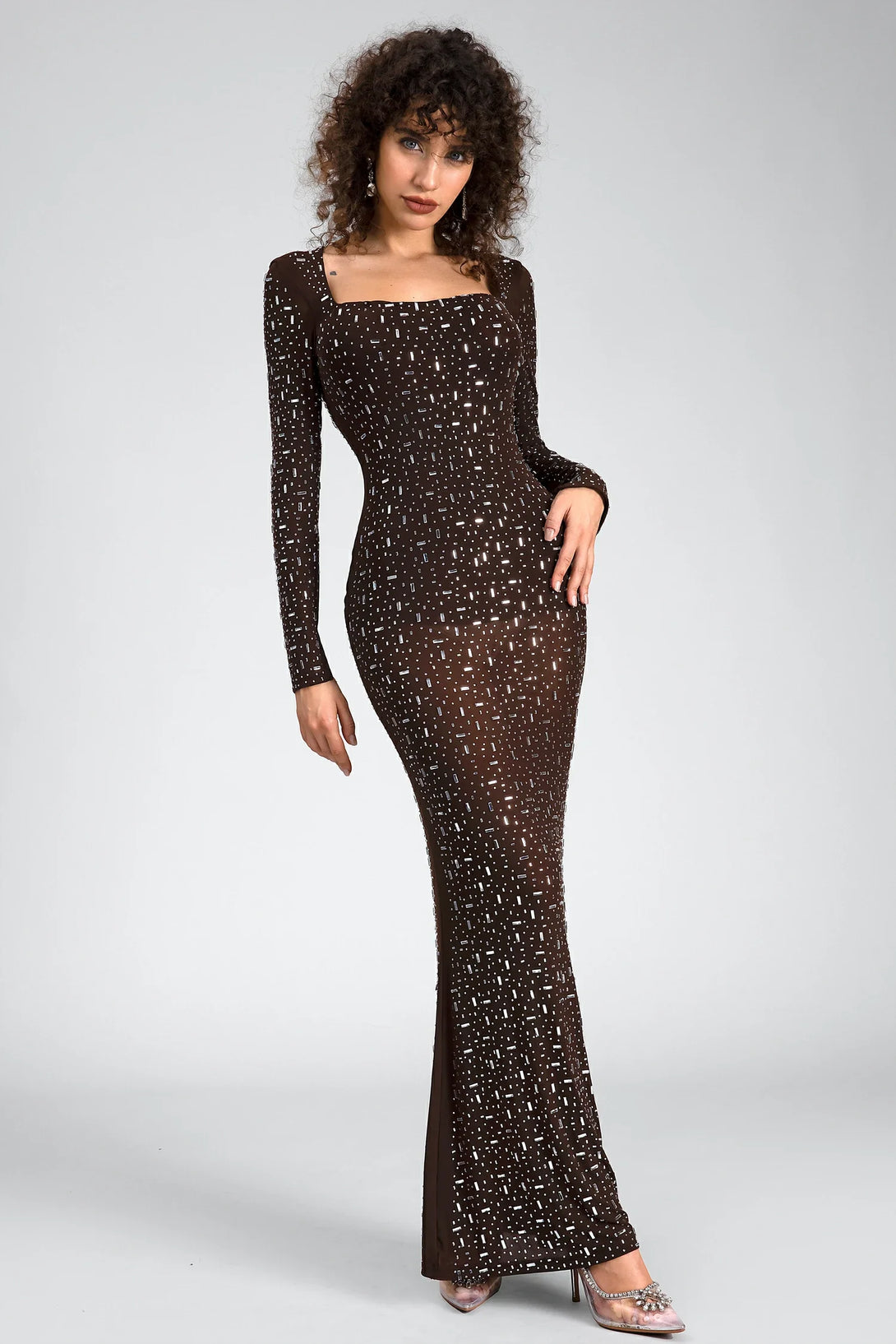 Women's Safiya Rhinestone Sheer Mesh Maxi Brown Dress For Night Out ...